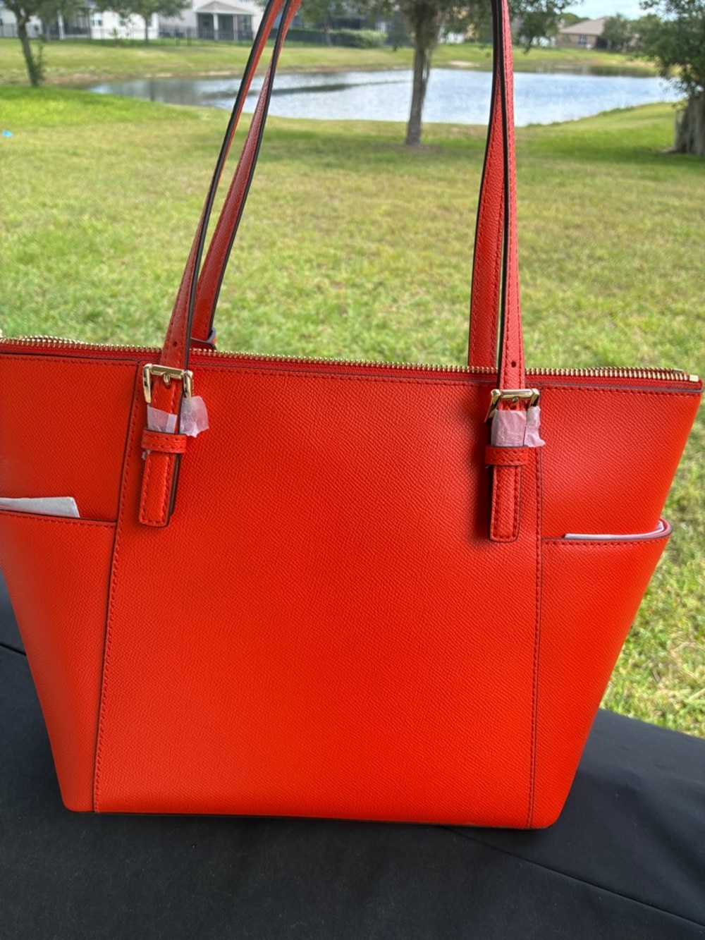 Michael Kors Bright Orange Saffiano Leather Tote with Gold Hardware - Picture 2 of 3